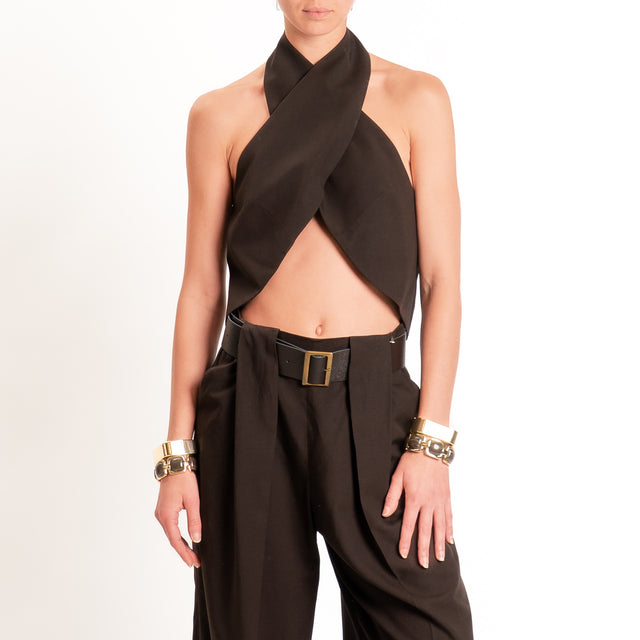 Dixie-Completo top incrociato+pantalone misto lino - moro