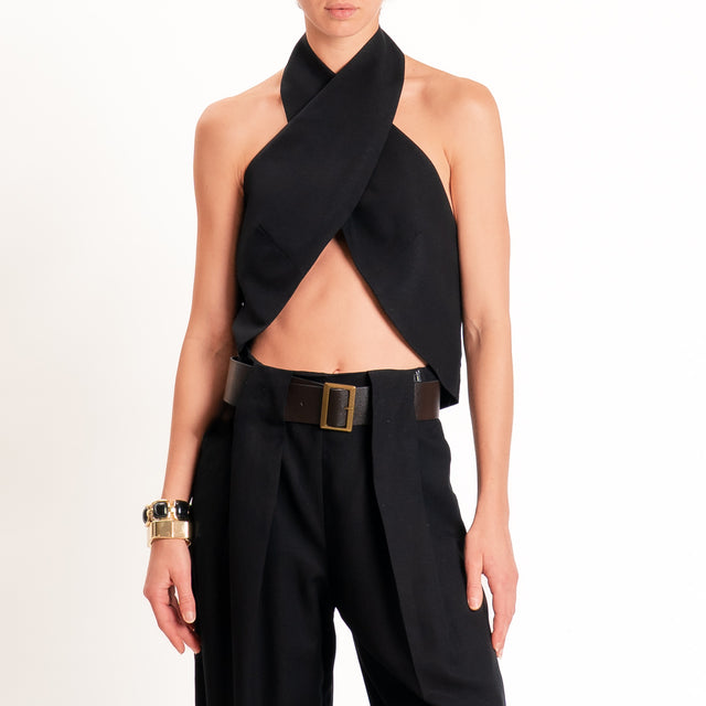 Dixie-Completo top incrociato+pantalone misto lino - Nero