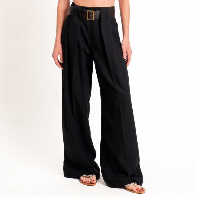 Dixie-Completo top incrociato+pantalone misto lino - Nero