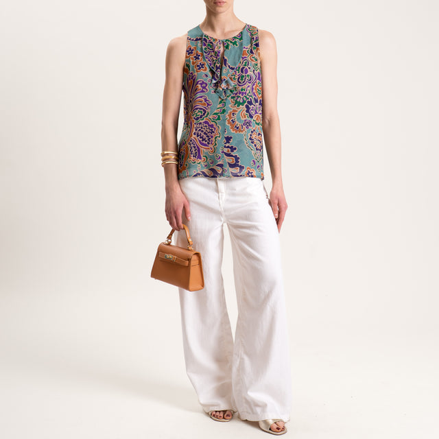 Dixie-Top in georgette fantasia con rouches - acqua/viola/cuoio