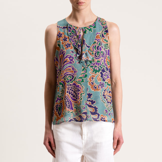 Dixie-Top in georgette fantasia con rouches - acqua/viola/cuoio