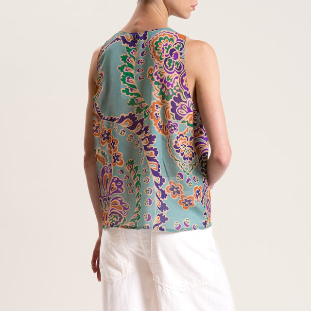 Dixie-Top in georgette fantasia con rouches - acqua/viola/cuoio