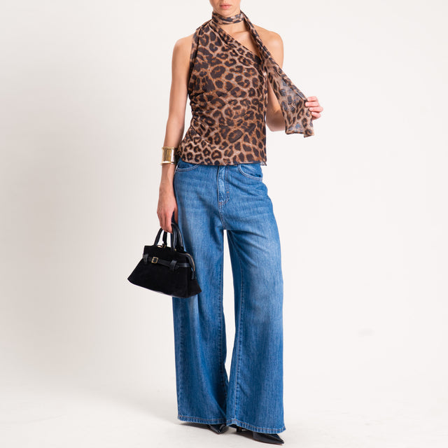 Dixie-Top in tulle monospalla animalier - beige/moro