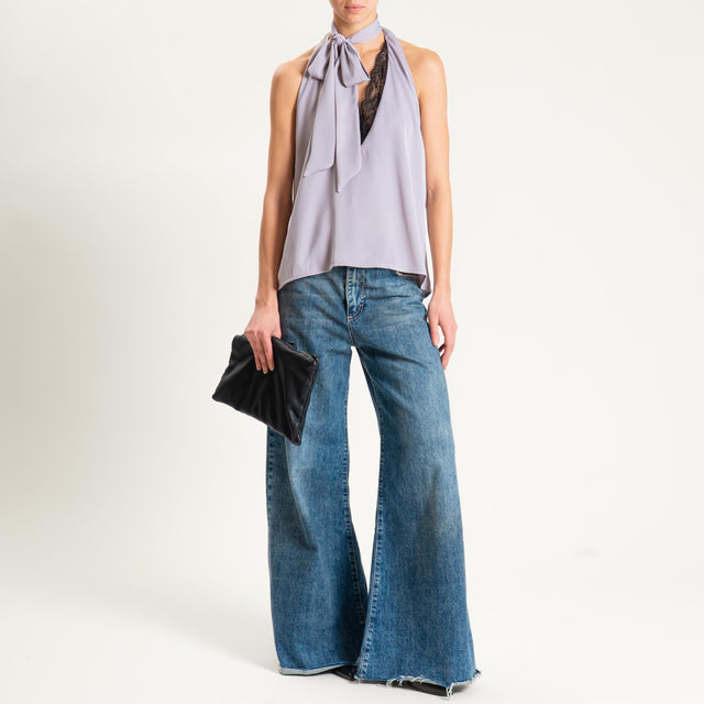 Dixie- Top satin scollo dietro con pizzo - grigio