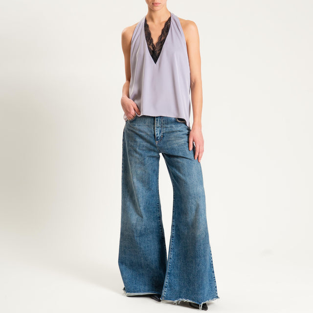 Dixie- Top satin scollo dietro con pizzo - grigio