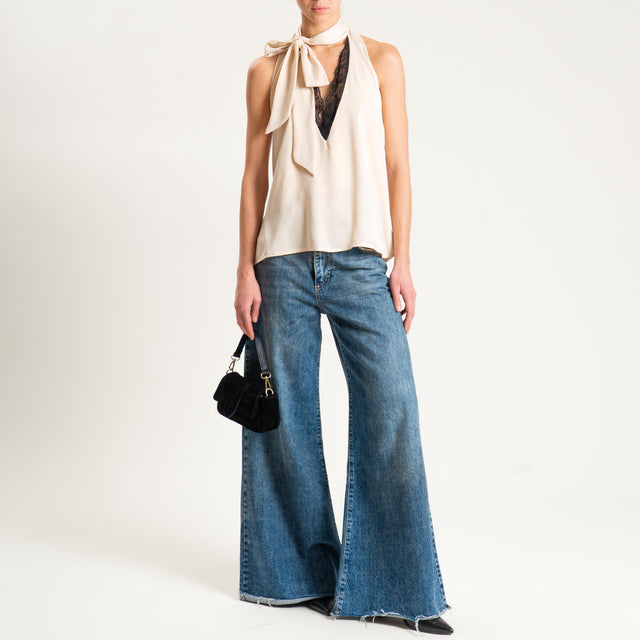 Dixie- Top satin scollo dietro con pizzo - panna