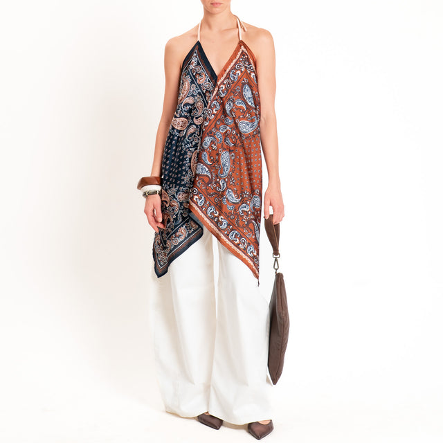 Dixie-Top satin fantasia scollo halter - cuoio/blu/latte