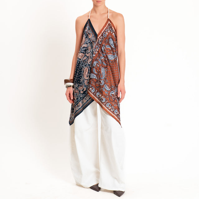 Dixie-Top satin fantasia scollo halter - cuoio/blu/latte