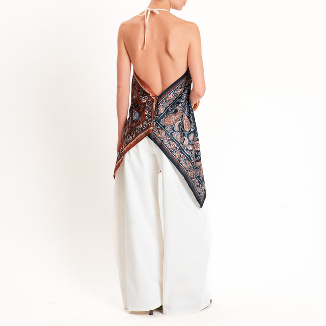 Dixie-Top satin fantasia scollo halter - cuoio/blu/latte