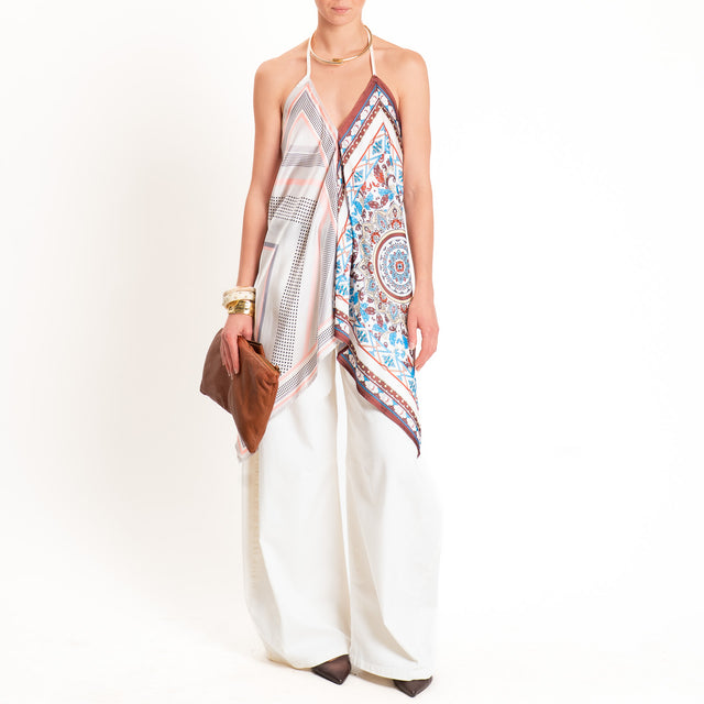 Dixie-Top satin fantasia scollo halter - latte/choco/azzurro