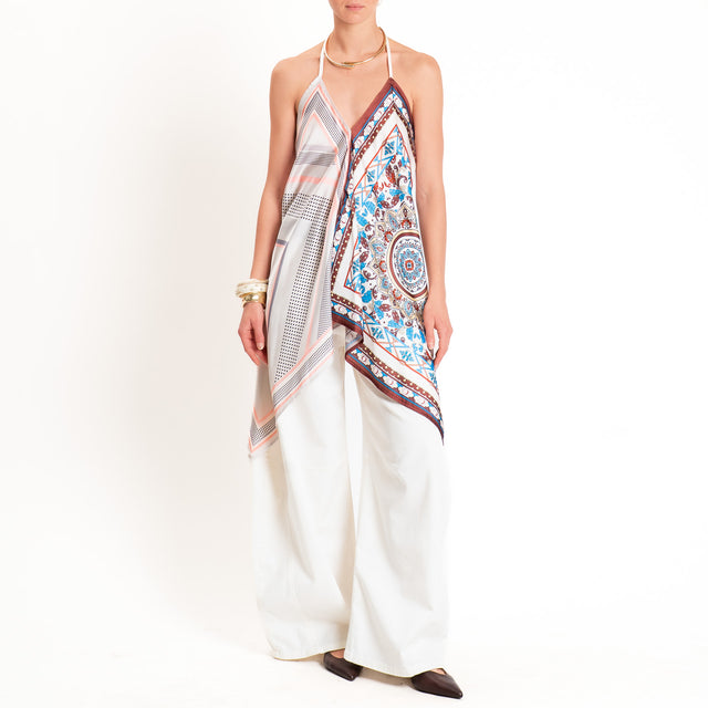 Dixie-Top satin fantasia scollo halter - latte/choco/azzurro