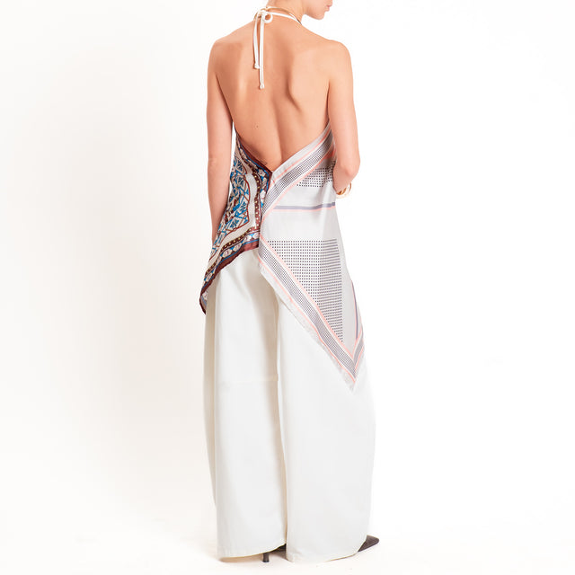 Dixie-Top satin fantasia scollo halter - latte/choco/azzurro