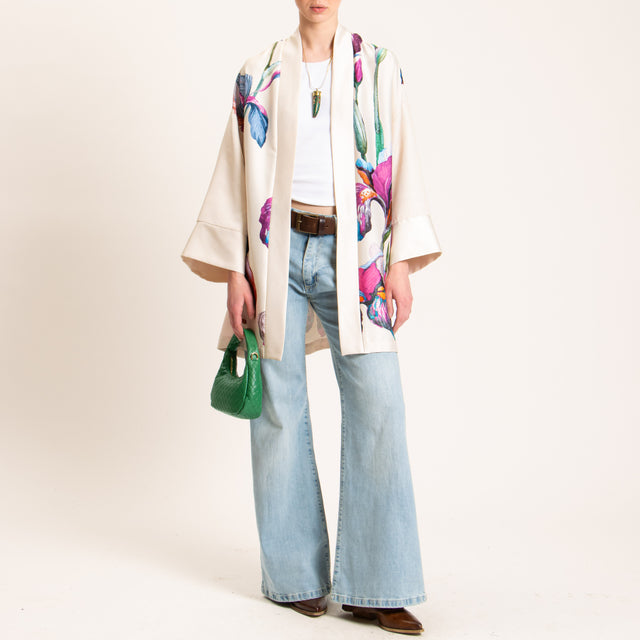 Dixie-Kimono satin fantasia floreale - beige/fucsia