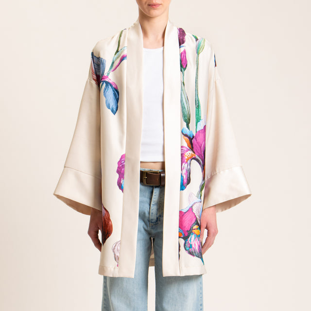 Dixie-Kimono satin fantasia floreale - beige/fucsia