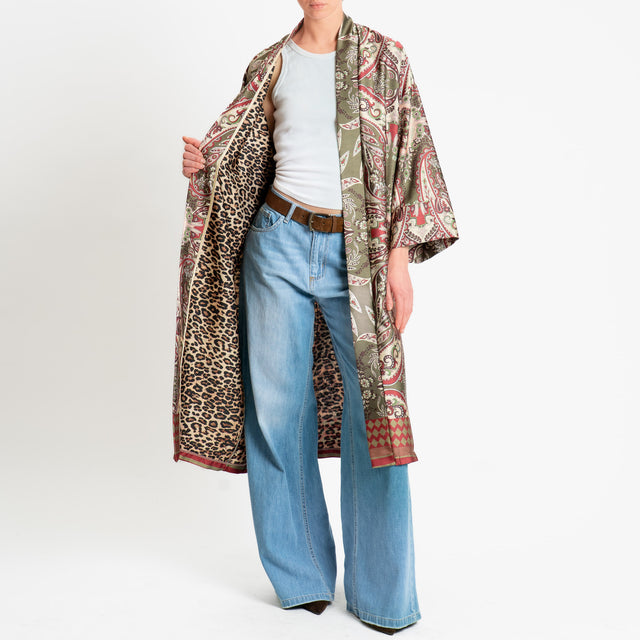 Dixie-Kimono lungo fantasia cashmere - militare/sand/vino