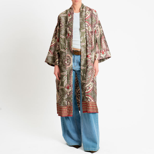 Dixie-Kimono lungo fantasia cashmere - militare/sand/vino