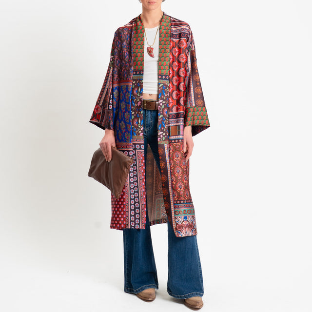 Dixie-Kimono lungo fantasia in satin - rosso/cioccolato/royal