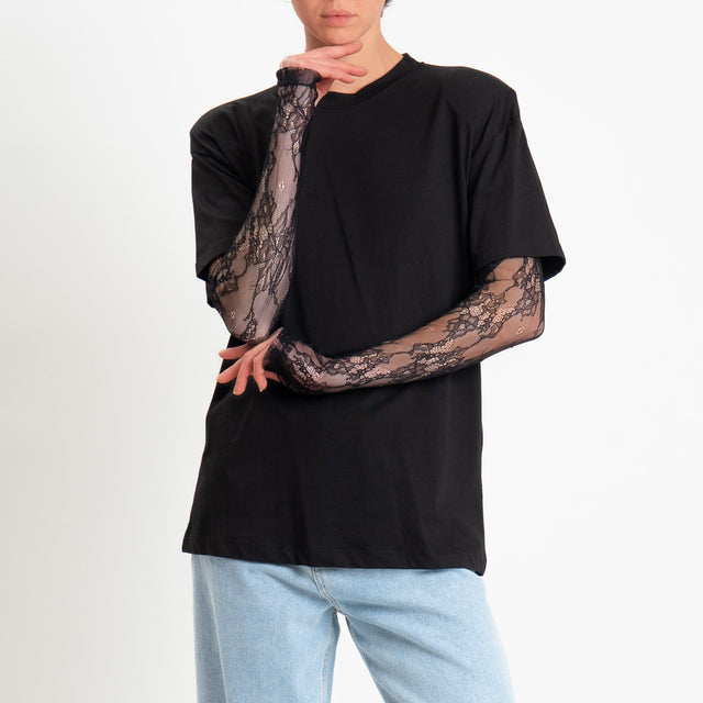 Dixie-T-shirt spalline maniche in pizzo - nero/nero