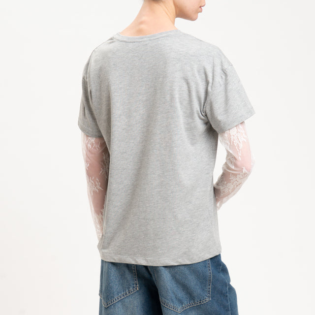 Dixie-T-shirt manica in pizzo - grigio