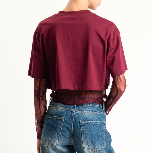 Dixie-T-shirt crop doppio tessuto con pizzo - bordeaux