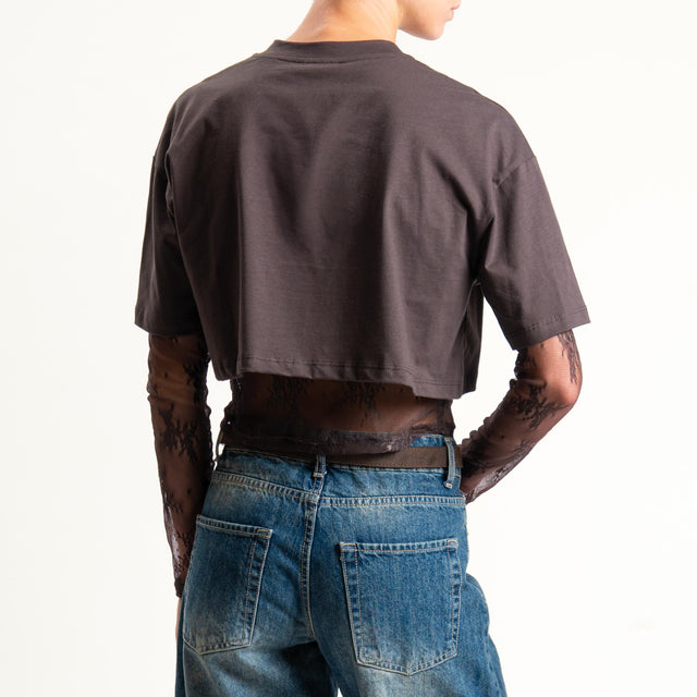 Dixie-T-shirt crop doppio tessuto con pizzo - moro