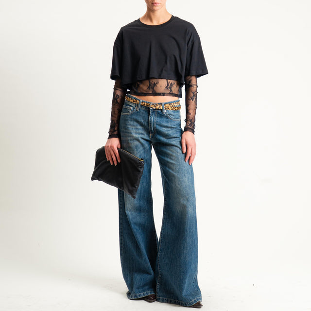 Dixie-T-shirt crop doppio tessuto con pizzo - nero