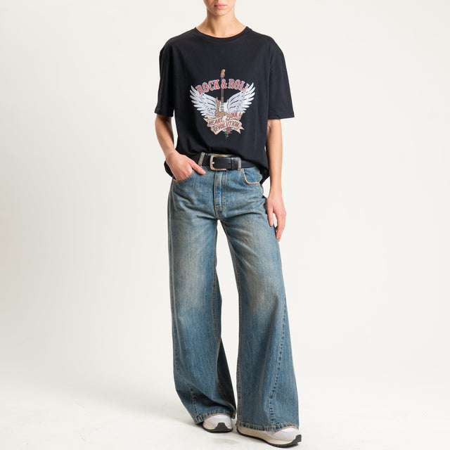 Dixie- T-shirt "ROCK AND ROLL" con applicazioni - nero