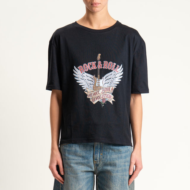 Dixie- T-shirt "ROCK AND ROLL" con applicazioni - nero