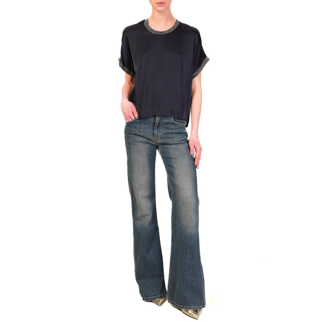 Blusa de satén Dixie-Stretch con bordes de lúrex - azul