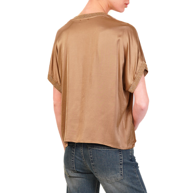 Dixie-Blusa satin elasticizzato bordi lurex - camel