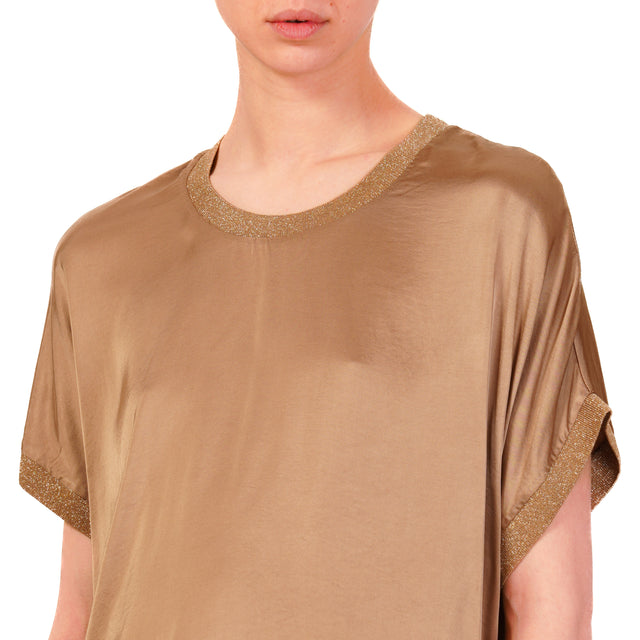Dixie-Blusa satin elasticizzato bordi lurex - camel