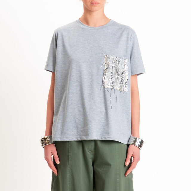 Dixie-T-shirt tasca paillettes e pizzo - grigio
