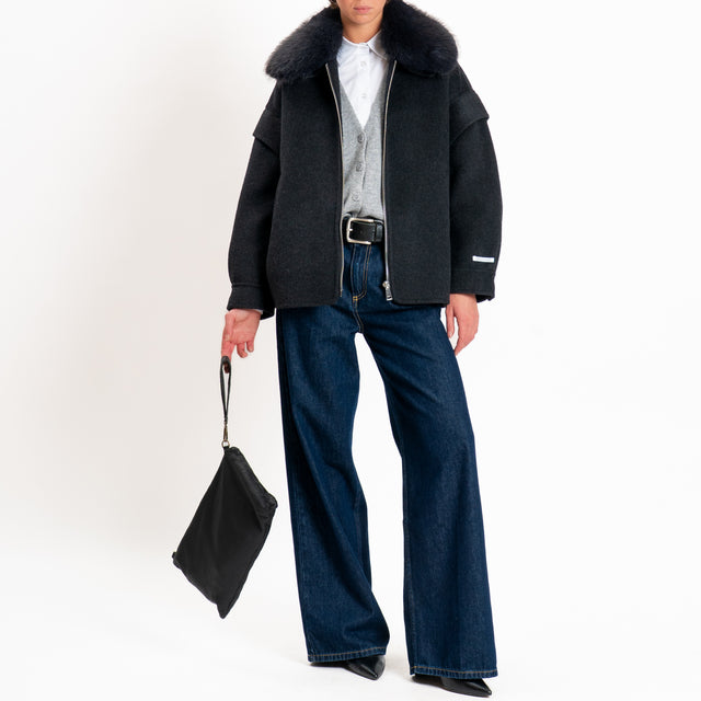Dixie-Cappotto handmade misto lana con ecopelliccia - nero