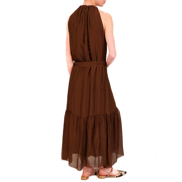 Vestido Haveone de muselina con fajín y volante - Chocolate