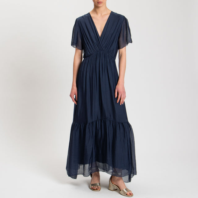 Haveone-Abito in mussola misto seta con balza - blu
