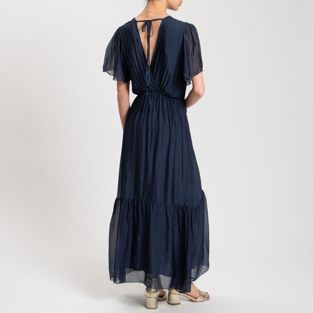Haveone-Abito in mussola misto seta con balza - blu