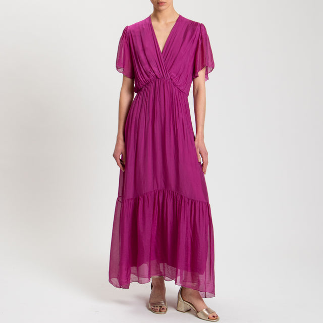 Haveone-Abito in mussola misto seta con balza - fucsia