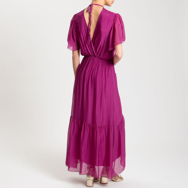 Haveone-Abito in mussola misto seta con balza - fucsia