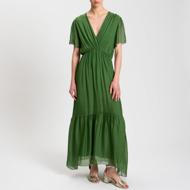 Haveone-Abito in mussola misto seta con balza - verde