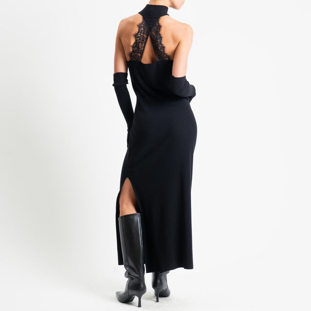 Haveone-Abito a costine con pizzo + manicotti - nero