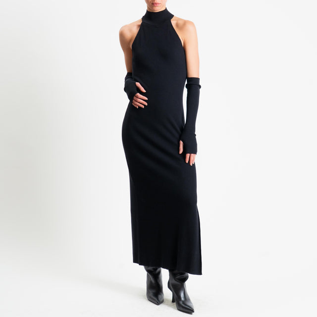 Haveone-Abito a costine con pizzo + manicotti - nero