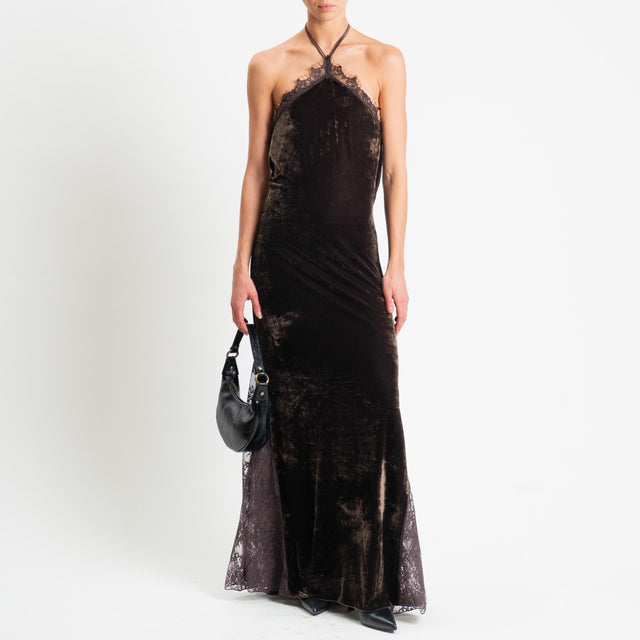 Haveone-Abito velluto ciniglia con pizzo - moro