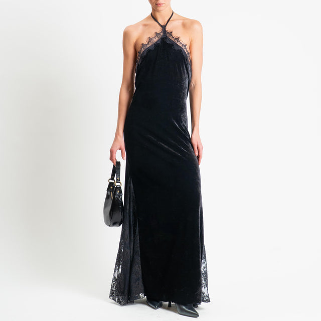 Haveone-Abito velluto ciniglia con pizzo - nero