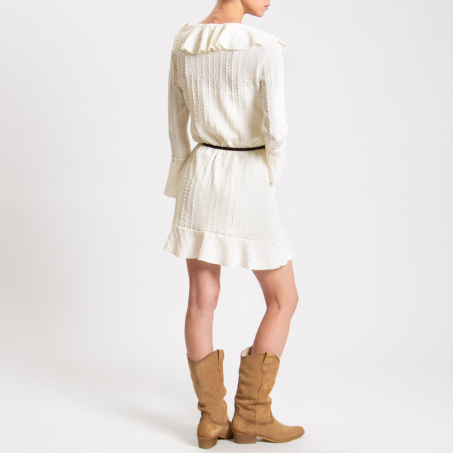 Haveone-Abito goffrato con rouches e cintura - panna