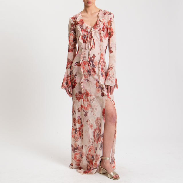 Haveone-Abito floreale georgette con rouches - cherry/nude