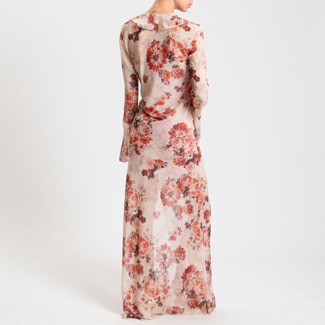 Haveone-Abito floreale georgette con rouches - cherry/nude