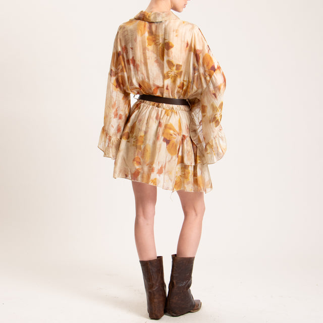 Haveone-Abito mussola fantasia con balze - beige/ocra/india