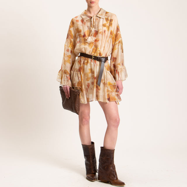 Haveone-Abito mussola fantasia con balze - beige/ocra/india