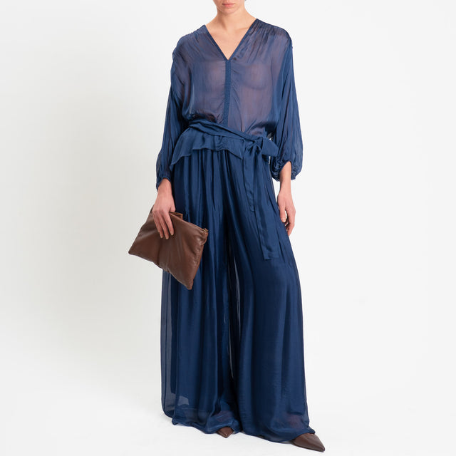 Haveone-Blusa mussola con fusciacca misto seta - blu