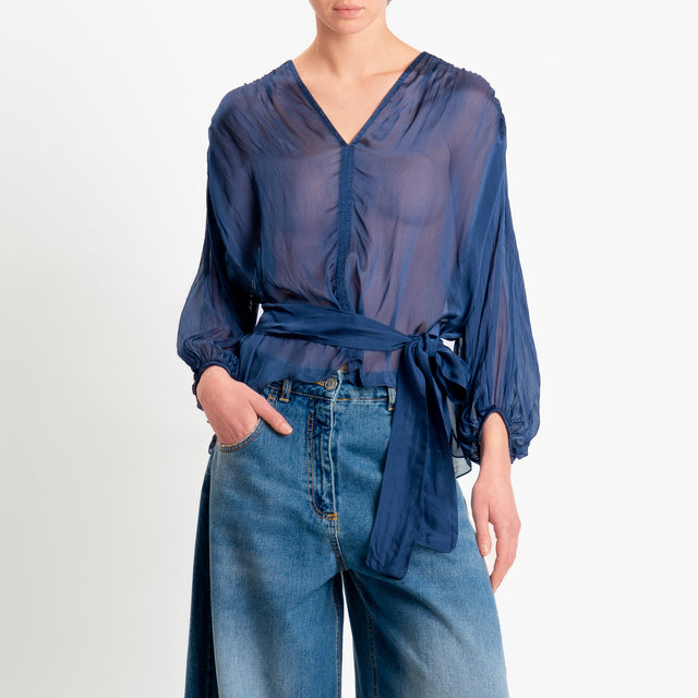 Haveone-Blusa mussola con fusciacca misto seta - blu